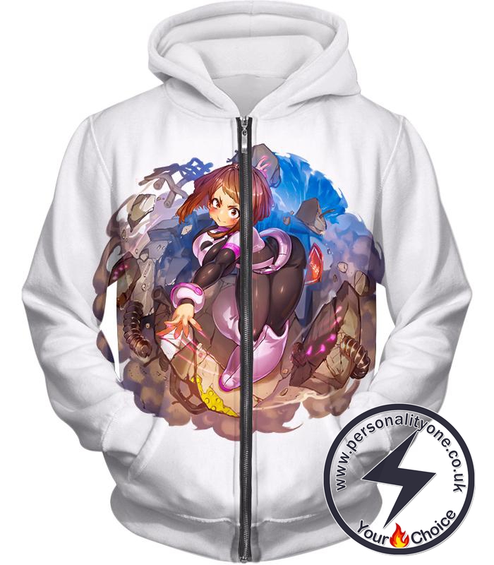 My Hero Academia Super Cute Gravity Girl Uraraka Action Promo White Zip Up Hoodie